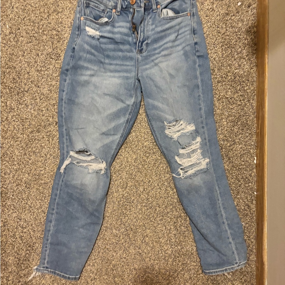 Blue Straight Leg Jeans with Distressed Details